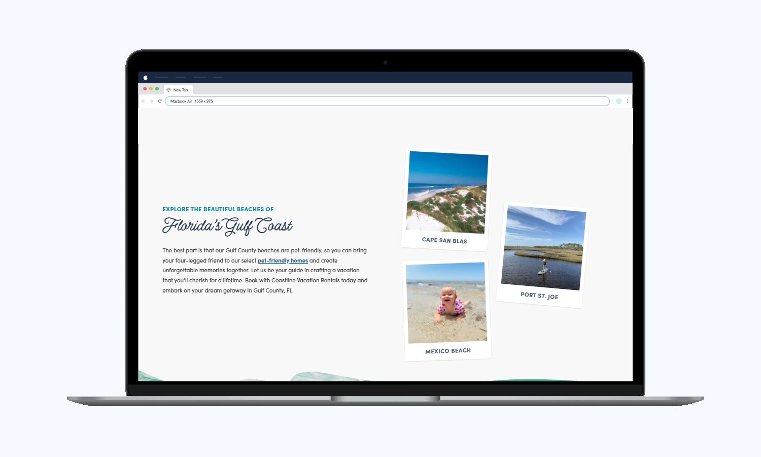 Laptop view showcasing the redesigned Florida Gulf Coast webpage with destination images.