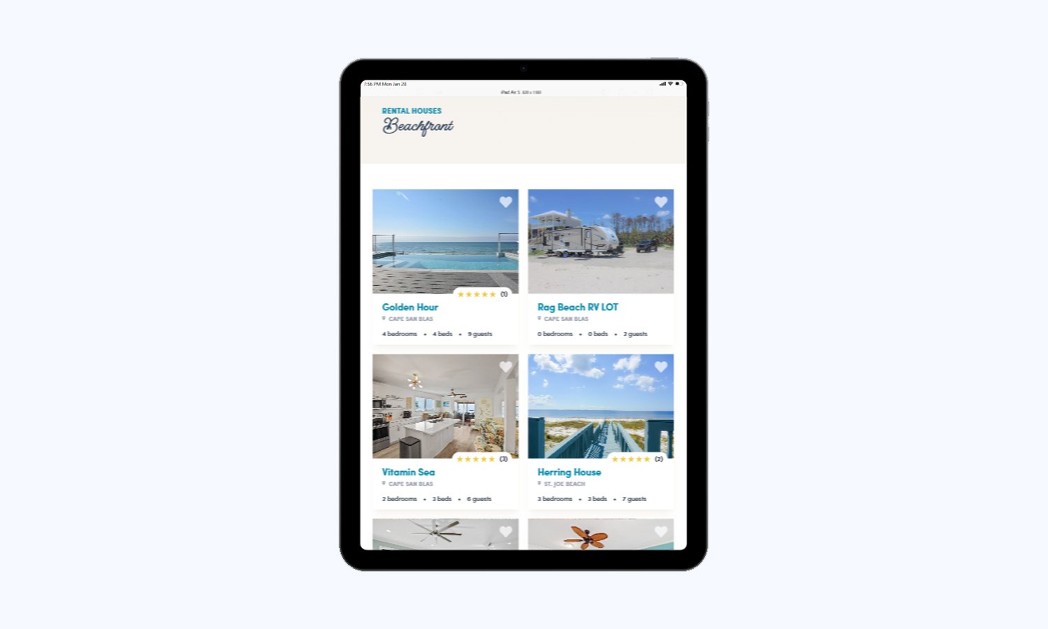 Tablet view displaying redesigned beachfront rental listings with property details and images.