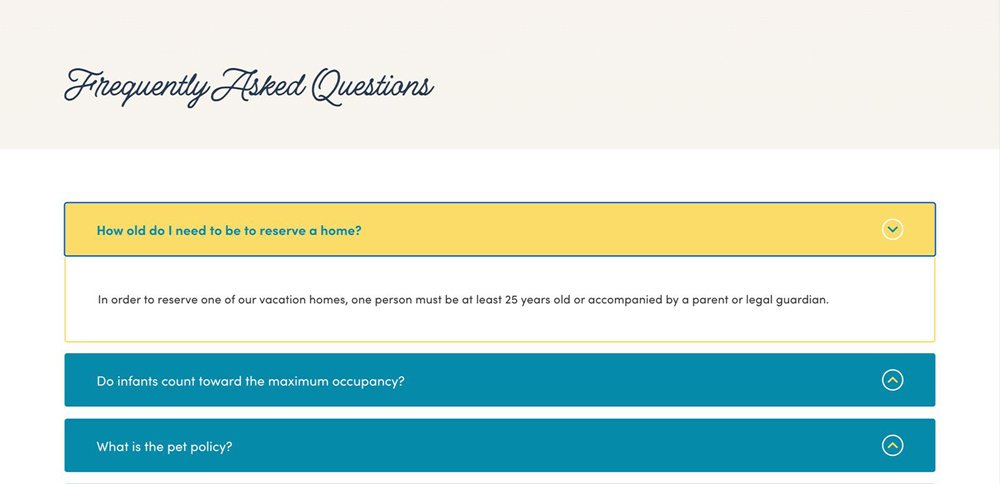 Frequently Asked Questions section from the vacation rental website, covering age requirements, occupancy rules, and pet policies.
