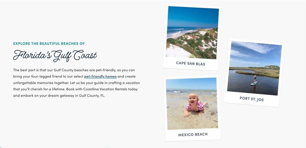 Showcasing top beach destinations on the vacation rental website, including Cape San Blas, Port St. Joe, and Mexico Beach.