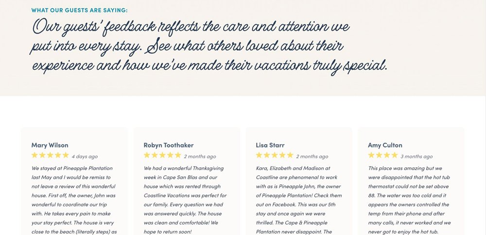 Customer reviews and feedback displayed on the redesigned vacation rental website