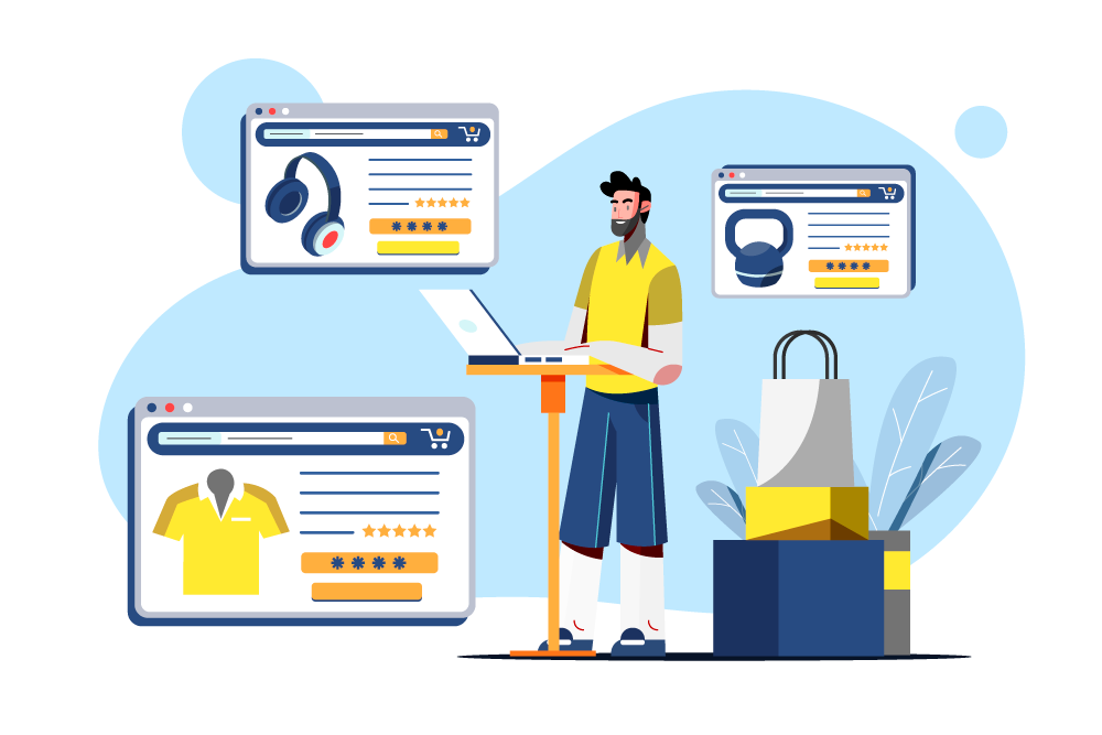 Illustration of a man using a laptop for WooCommerce store management, surrounded by floating eCommerce product pages and shopping bags.
