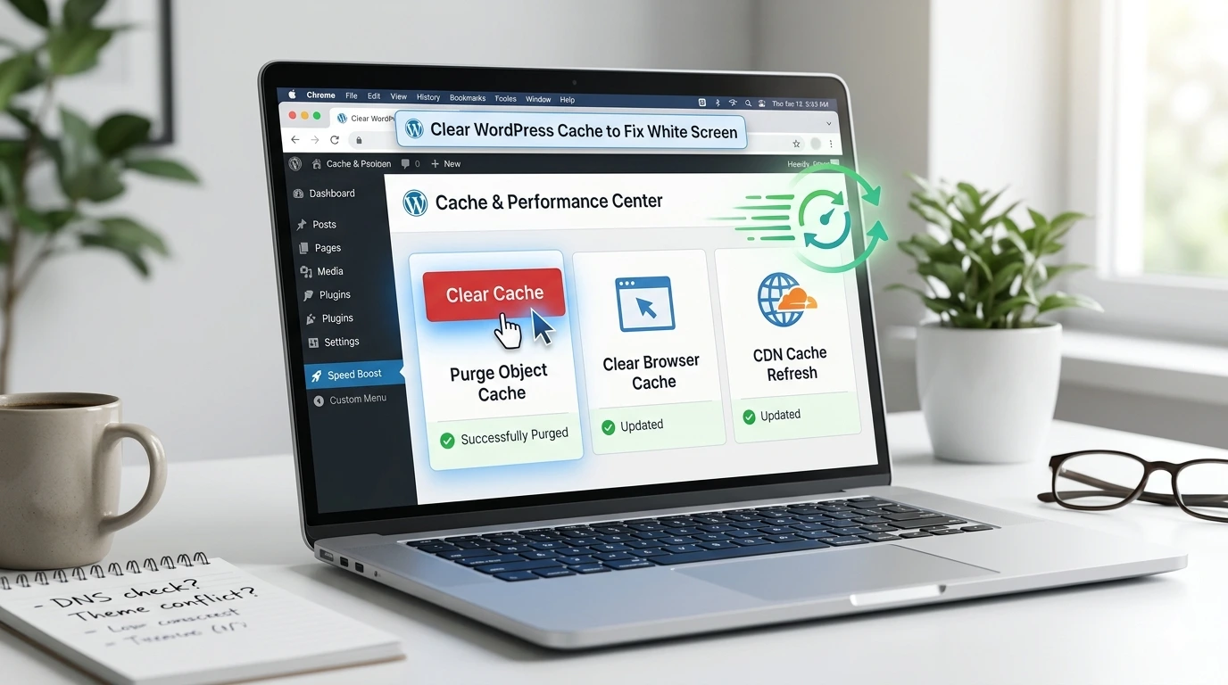 Clear WordPress cache to fix white screen