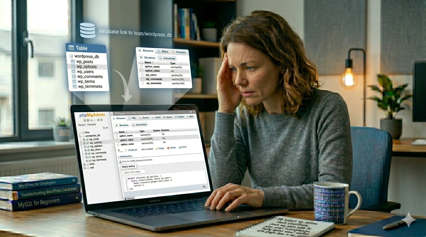 phpMyAdmin showing WordPress database tables
